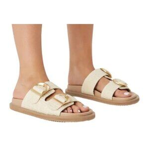 Billini Tayo Raffia Buckle Slide Sandals Natural Size 10 New Without Box